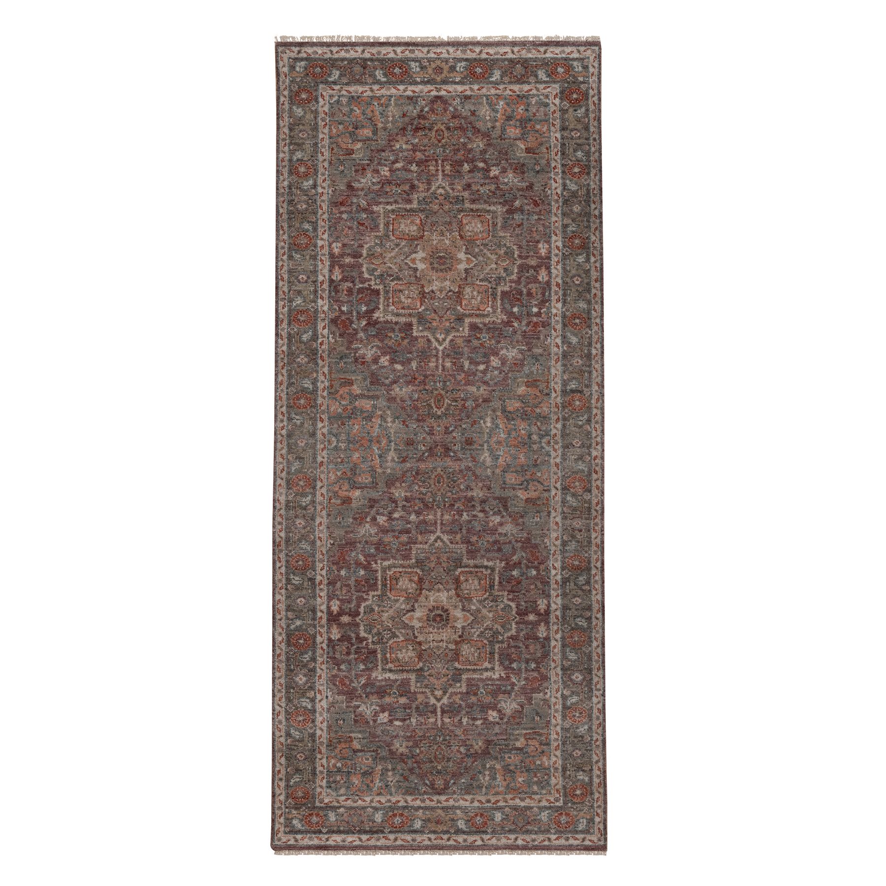 4'x9'10" Wine Red, Heriz Revival with Geometric Medallions, Hand Knotted, Soft Wool, Vegetable Dyes, Thick and Plush, Wide Runner, Oriental Rug 